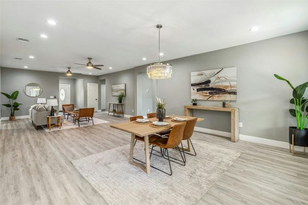 Chandelier, Dining room, Interior, Living room, Recessed Lighting, Wood Texture Flooring