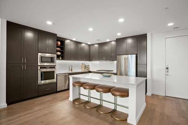 Interior, Kitchen, Recessed Lighting, Stainless Steel Appliances, Wood Texture Flooring