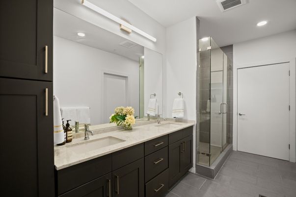 Bathroom, Dual Sink Vanities, Glass Shower, Interior, Recessed Lighting