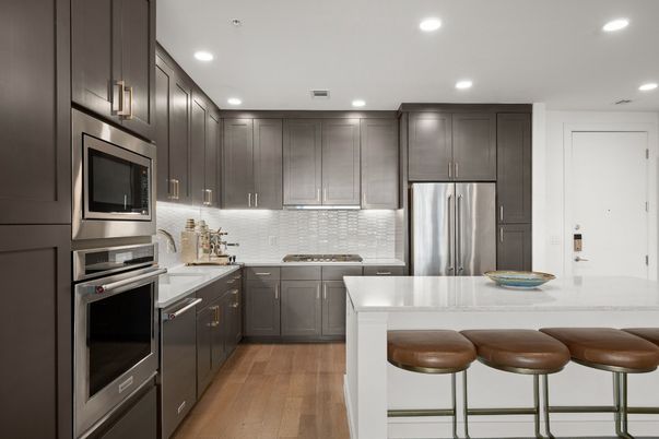Interior, Kitchen, Recessed Lighting, Stainless Steel Appliances, Wood Texture Flooring