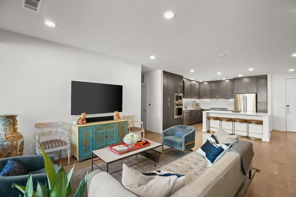 Interior, Kitchen, Living room, Recessed Lighting, Stainless Steel Appliances, Wood Texture Flooring