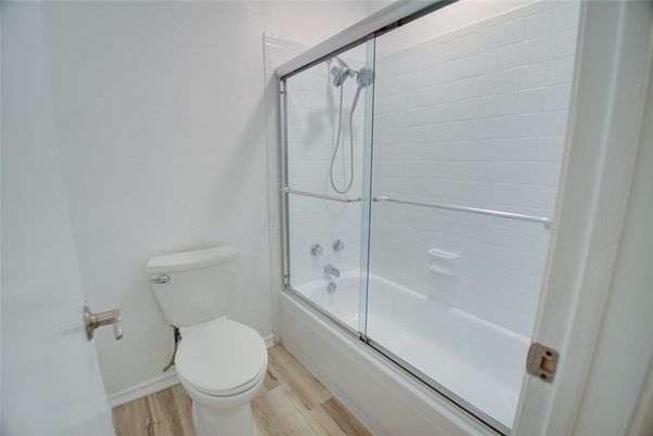 Bathroom, Glass Shower, Interior, Wood Texture Flooring