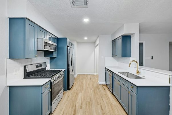 Interior, Kitchen, Recessed Lighting, Stainless Steel Appliances, Wood Texture Flooring