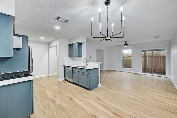 Chandelier, Interior, Kitchen, Pendant Lights, Recessed Lighting, Wood Texture Flooring