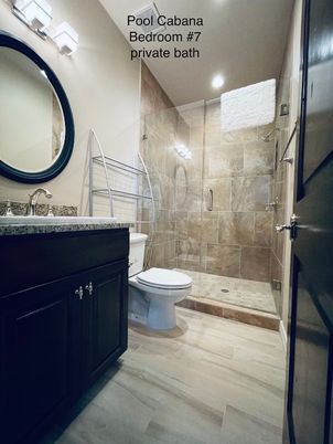 Bathroom, Glass Shower, Interior, Recessed Lighting, Wood Texture Flooring