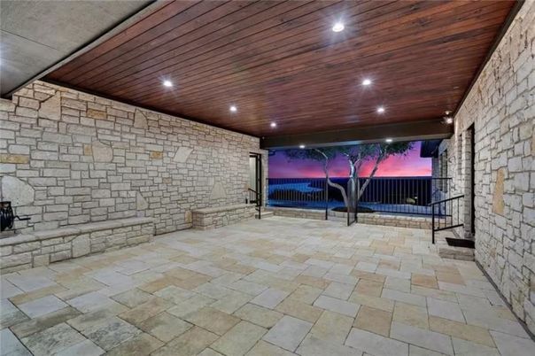 Interior, Recessed Lighting, Stone Walls, Wooden Ceilings