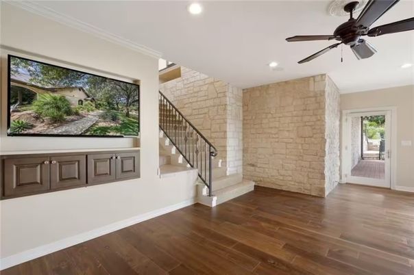 Empty room, Interior, Recessed Lighting, Stone Walls, Wood Texture Flooring