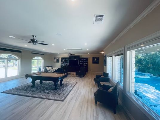 Billiard Table, Game Room, Interior, Recessed Lighting, Wood Texture Flooring
