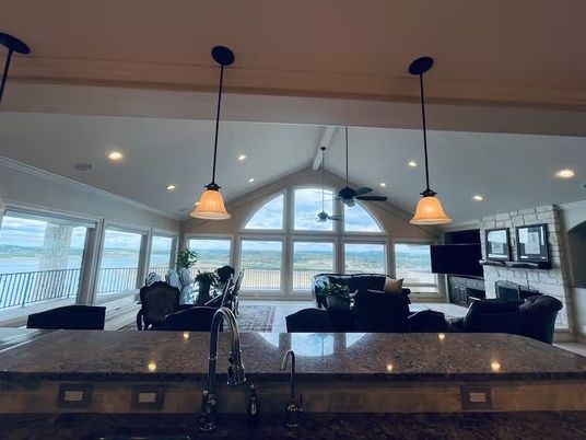 Fireplace, Interior, Kitchen, Living room, Pendant Lights, Recessed Lighting