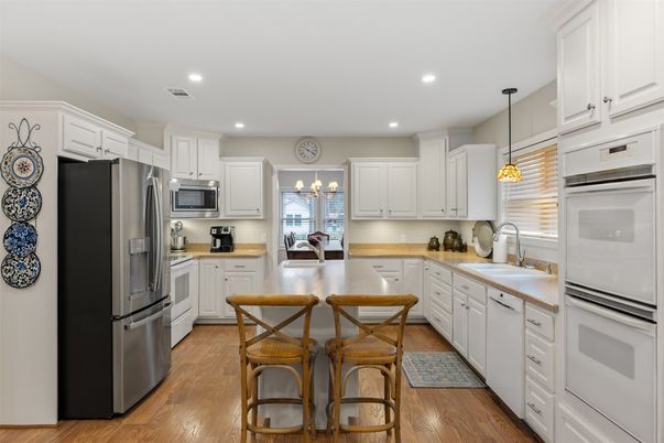Interior, Kitchen, Pendant Lights, Recessed Lighting, Stainless Steel Appliances, Wood Texture Flooring