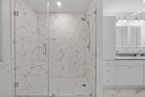 Bathroom, Glass Shower, Interior, Marble, Marble Walls, Recessed Lighting