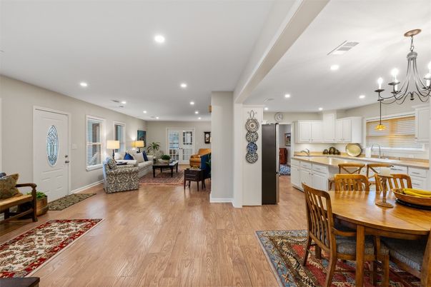 Chandelier, Dining room, Interior, Kitchen, Living room, Pendant Lights, Recessed Lighting, Wood Texture Flooring