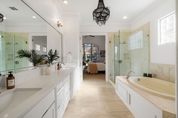 Bathroom, Dual Sink Vanities, Glass Shower, Interior, Recessed Lighting