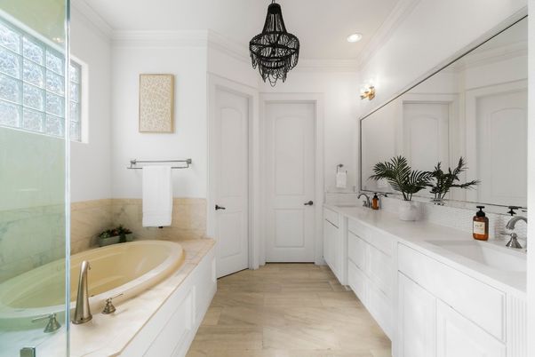 Bathroom, Dual Sink Vanities, Interior, Recessed Lighting, Wood Texture Flooring