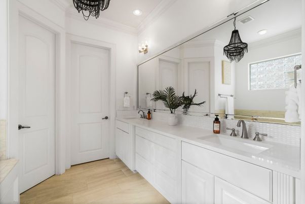 Bathroom, Dual Sink Vanities, Interior, Pendant Lights, Recessed Lighting, Wood Texture Flooring