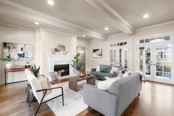 Fireplace, Interior, Living room, Recessed Lighting, Wood Texture Flooring