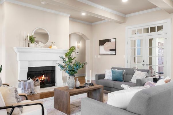 Fireplace, Interior, Living room, Recessed Lighting, Wood Texture Flooring