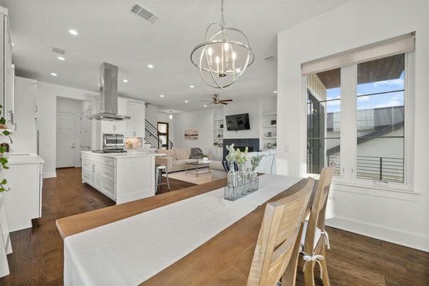 Dining room, Interior, Kitchen, Living room, Pendant Lights, Recessed Lighting, Stainless Steel Appliances, Wood Texture Flooring