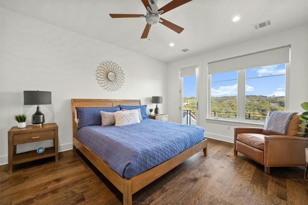 Bedroom, Interior, Recessed Lighting, Wood Texture Flooring
