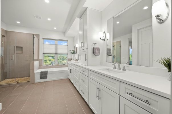 Bathroom, Dual Sink Vanities, Glass Shower, Interior, Recessed Lighting