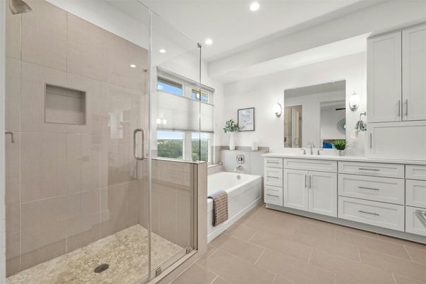 Bathroom, Dual Sink Vanities, Glass Shower, Interior, Recessed Lighting