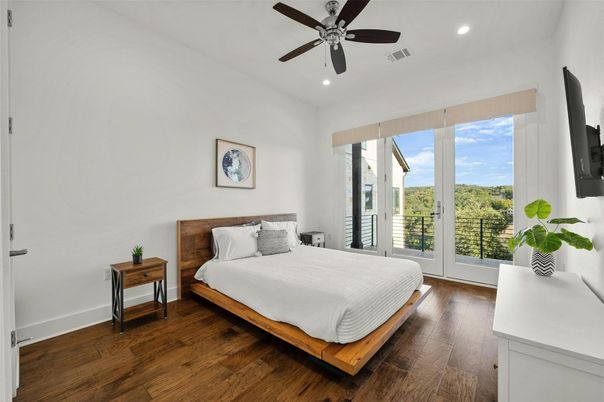Bedroom, Interior, Recessed Lighting, Wood Texture Flooring