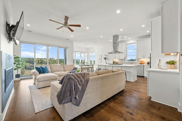 Interior, Kitchen, Living room, Pendant Lights, Recessed Lighting, Wood Texture Flooring