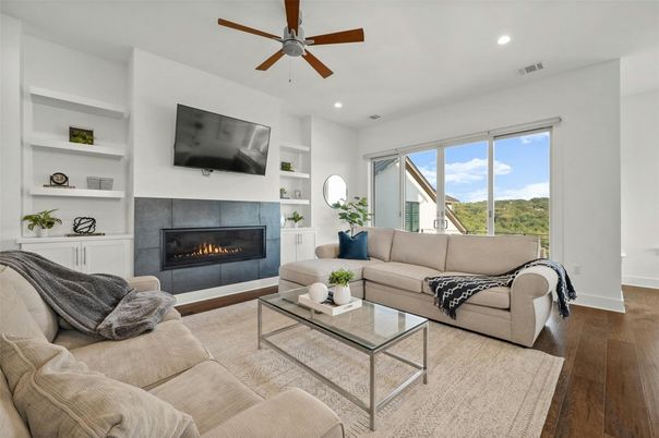 Fireplace, Interior, Living room, Recessed Lighting, Wood Texture Flooring