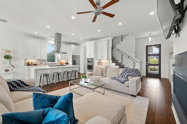 Interior, Kitchen, Living room, Pendant Lights, Recessed Lighting, Stainless Steel Appliances, Wood Texture Flooring