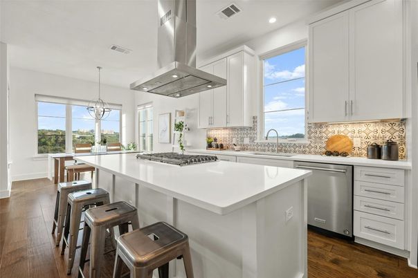 Interior, Kitchen, Pendant Lights, Recessed Lighting, Stainless Steel Appliances, Wood Texture Flooring
