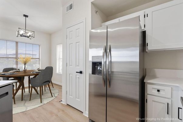 Dining room, Interior, Kitchen, Pendant Lights, Stainless Steel Appliances, Wood Texture Flooring