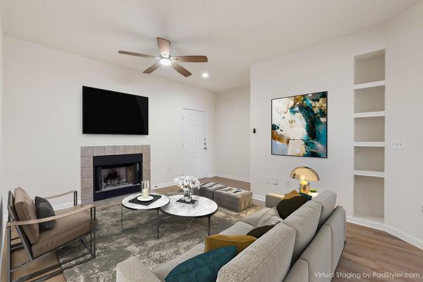 Fireplace, Interior, Living room, Recessed Lighting, Wood Texture Flooring