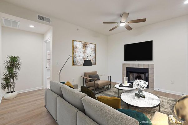 Fireplace, Interior, Living room, Recessed Lighting, Wood Texture Flooring