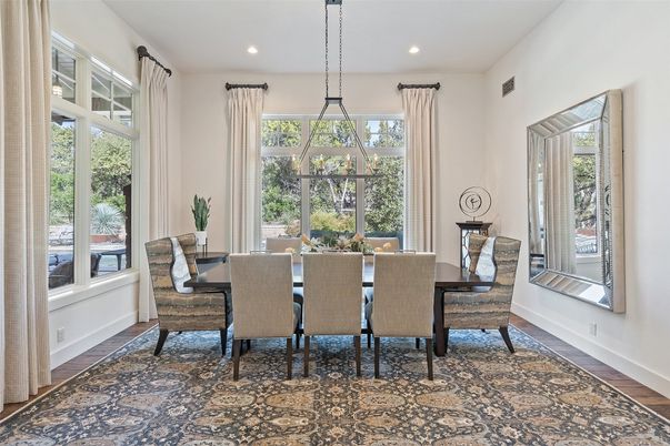 Dining room, Interior, Pendant Lights, Recessed Lighting, Wood Texture Flooring