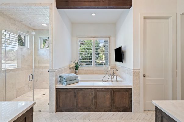 Bathroom, Glass Shower, Interior, Recessed Lighting, Wood Texture Flooring