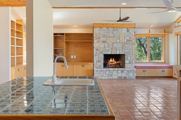 Fireplace, Interior, Kitchen, Recessed Lighting, Tile Countertops