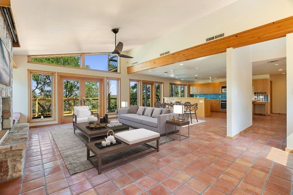 Fireplace, Interior, Kitchen, Living room, Recessed Lighting, Wooden Beams