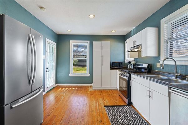 Interior, Kitchen, Recessed Lighting, Stainless Steel Appliances, Wood Texture Flooring