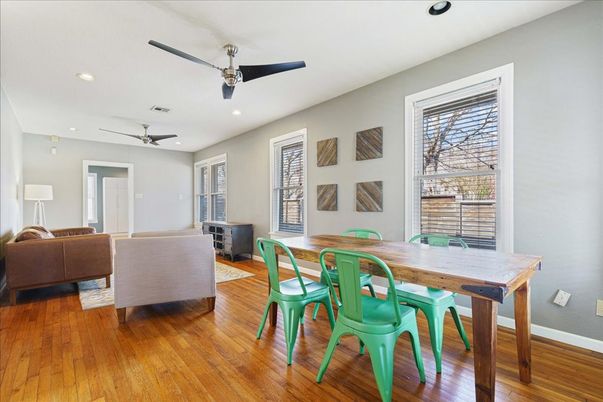 Dining room, Interior, Living room, Recessed Lighting, Wood Texture Flooring