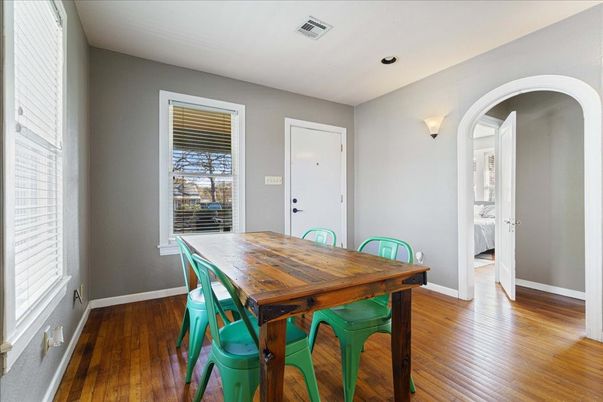 Dining room, Interior, Recessed Lighting, Wood Texture Flooring