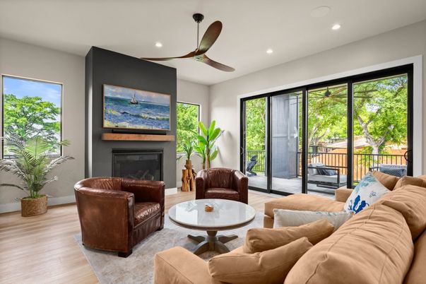 Fireplace, Interior, Living room, Recessed Lighting, Wood Texture Flooring