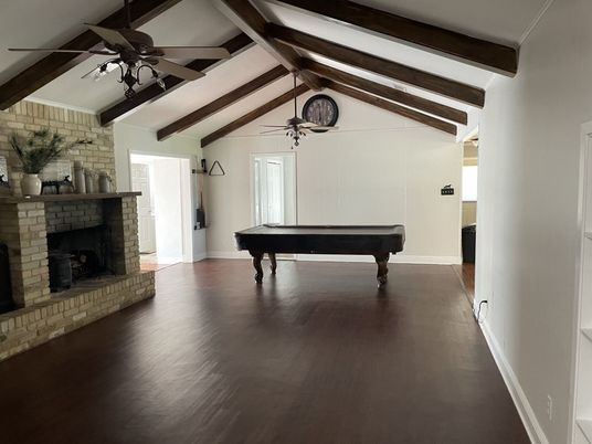 Billiard Table, Fireplace, Game Room, Interior, Stone Walls, Wooden Beams, Wood Texture Flooring