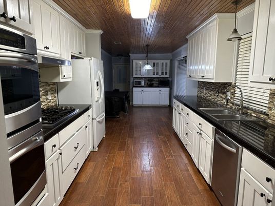 Interior, Kitchen, Pendant Lights, Stainless Steel Appliances, Wooden Ceilings, Wood Texture Flooring