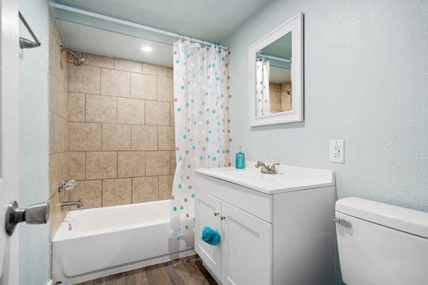 Bathroom, Interior, Recessed Lighting, Wood Texture Flooring