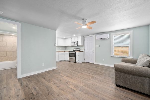 Interior, Kitchen, Living room, Recessed Lighting, Stainless Steel Appliances, Wood Texture Flooring