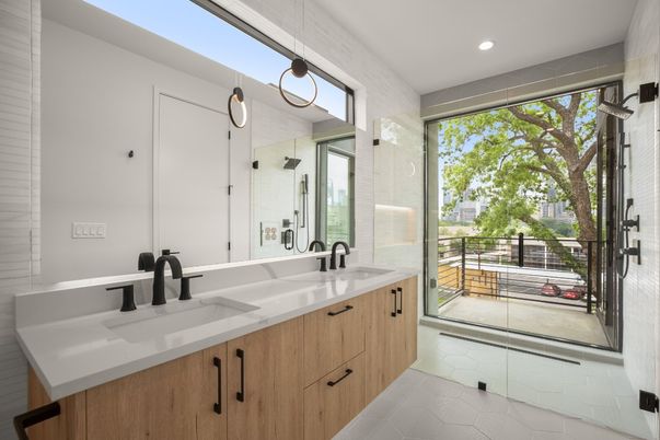 Bathroom, Dual Sink Vanities, Glass Shower, Interior, Pendant Lights, Recessed Lighting