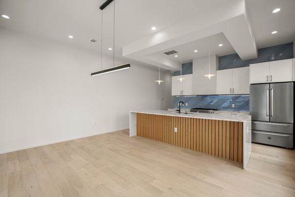 Interior, Kitchen, Pendant Lights, Recessed Lighting, Stainless Steel Appliances, Wood Texture Flooring