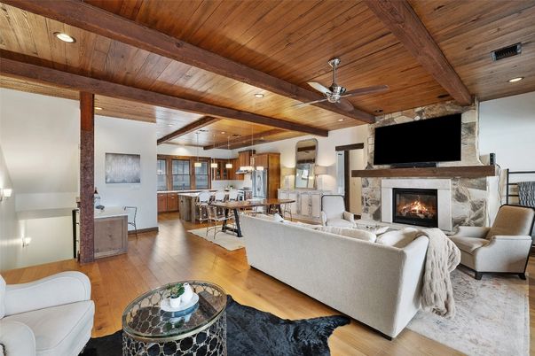 Dining room, Fireplace, Interior, Kitchen, Living room, Pendant Lights, Recessed Lighting, Stone Walls, Wooden Beams, Wooden Ceilings, Wood Texture Flooring