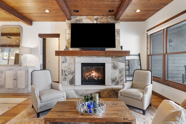 Fireplace, Interior, Living room, Recessed Lighting, Stone Walls, Wooden Beams, Wooden Ceilings, Wood Texture Flooring