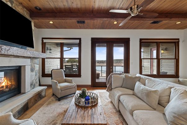 Fireplace, Interior, Living room, Recessed Lighting, Wooden Beams, Wooden Ceilings, Wood Texture Flooring